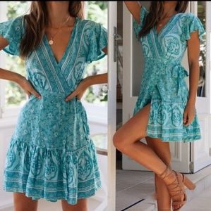 NWOT Boho Turquoise Floral Print Wrap Dress